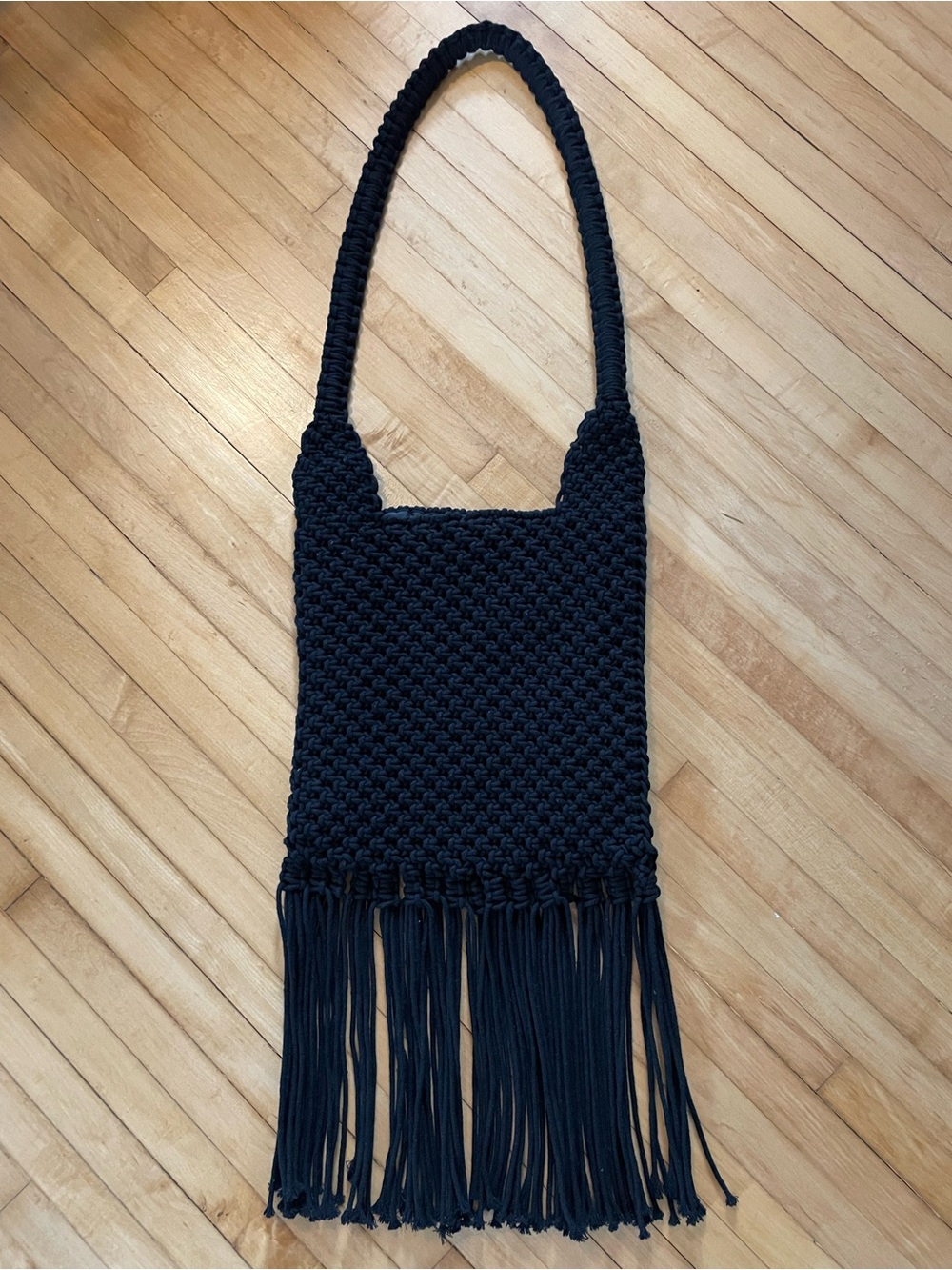 Macrame Long Fringe Shoulder Bag Purse Tote Lined Snap Closure Indie Sleaze